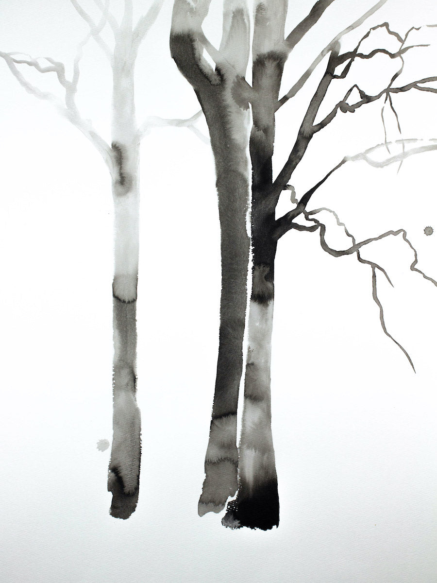 18” x 24” black and white botanical magnolia flower original ink painting in an expressive, impressionist, minimalist, modern style by contemporary fine artist Elizabeth Becker