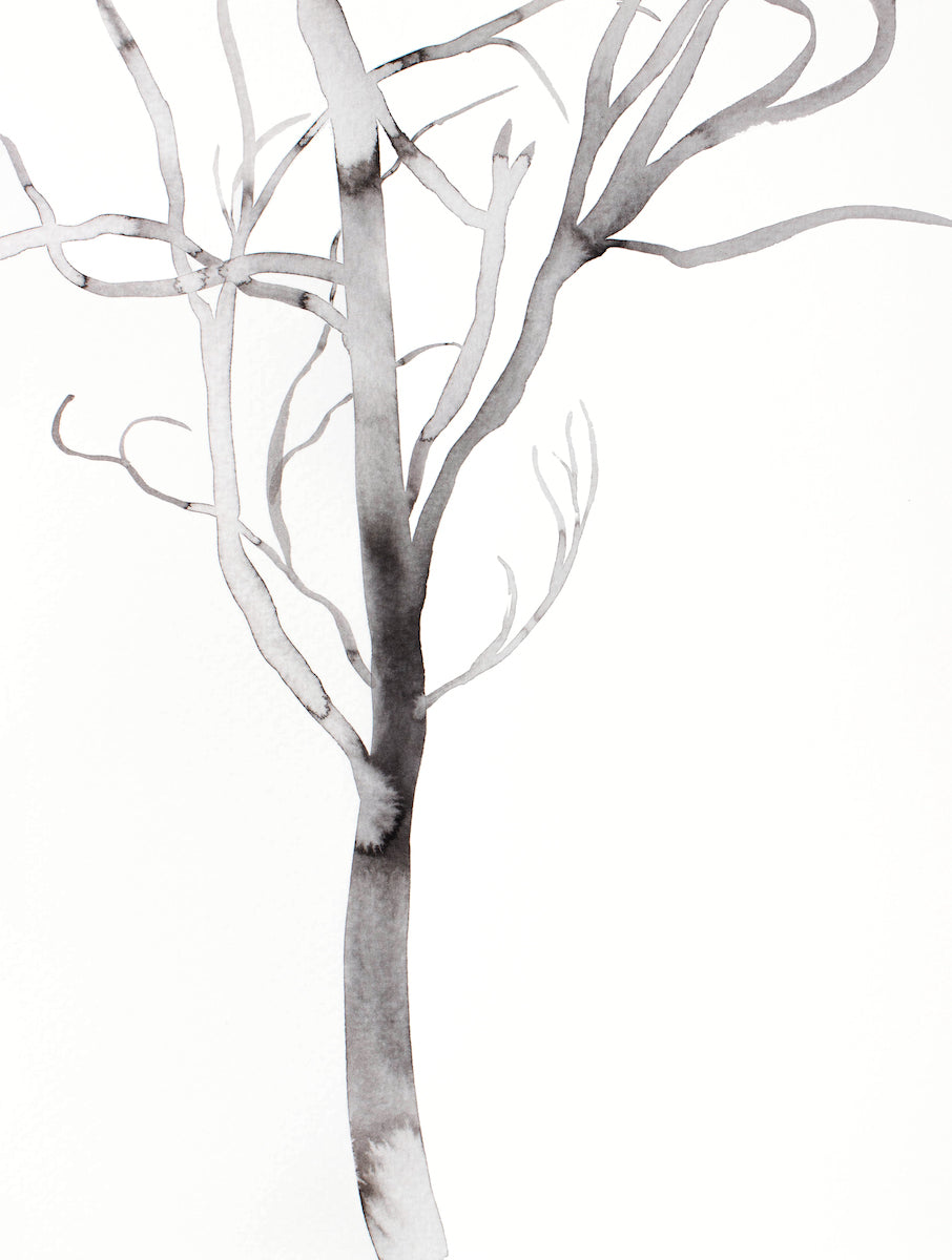 9” x 12” original tree ink painting in an expressive, impressionist, minimalist, modern style by contemporary fine artist Elizabeth Becker. Monochromatic black and white.