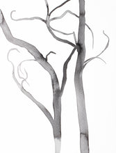 Load image into Gallery viewer, 9” x 12” original trees ink painting in an expressive, impressionist, minimalist, modern style by contemporary fine artist Elizabeth Becker. Monochromatic black and white.
