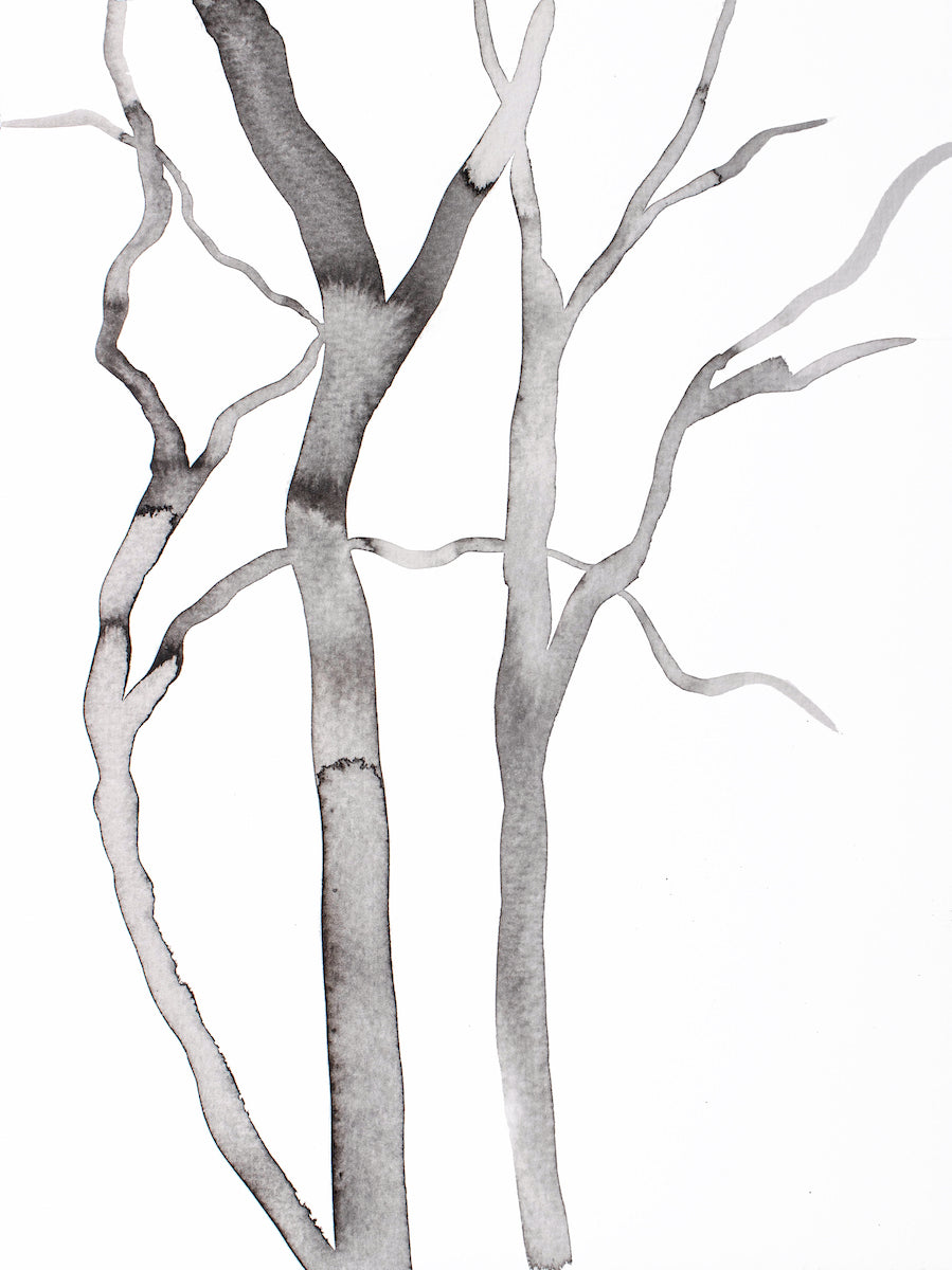 9” x 12” original trees ink painting in an expressive, impressionist, minimalist, modern style by contemporary fine artist Elizabeth Becker. Monochromatic black and white.