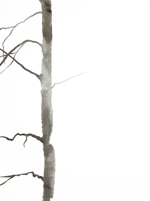 18” x 24” black and white original ink painting of bare trees in an expressive, impressionist, minimalist, modern style by contemporary fine artist Elizabeth Becker
