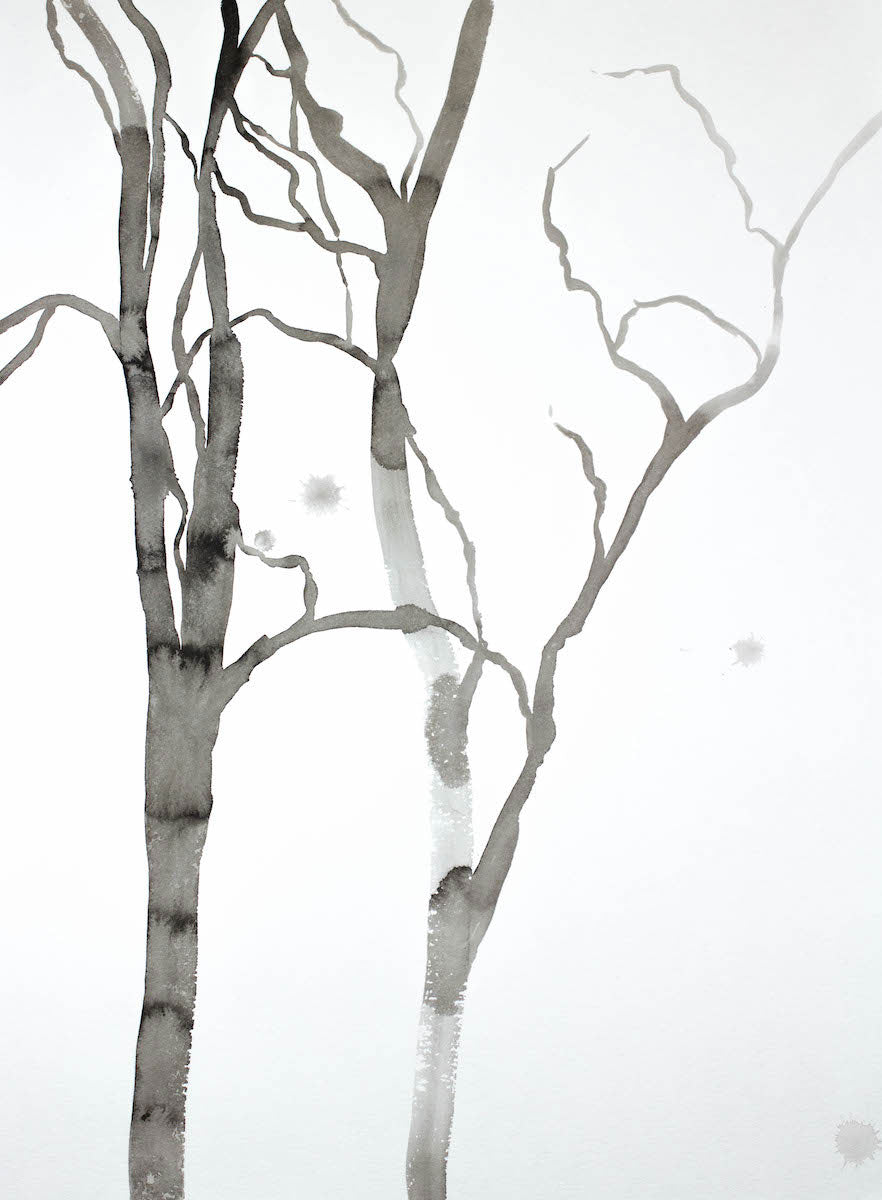 18” x 24” black and white original ink painting of bare winter trees in an expressive, impressionist, minimalist, modern style by contemporary fine artist Elizabeth Becker