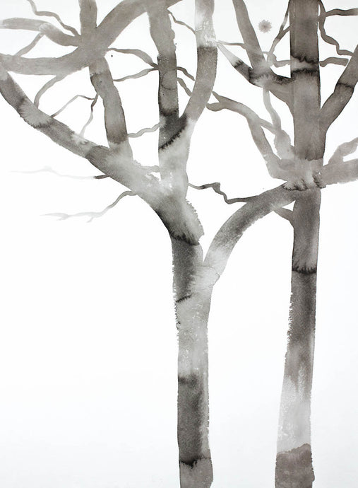 18” x 24” black and white original ink painting of bare winter trees in an expressive, impressionist, minimalist, modern style by contemporary fine artist Elizabeth Becker