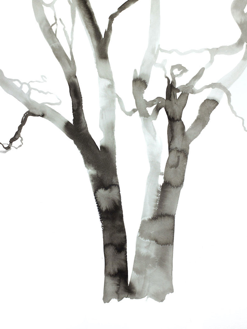 18” x 24” black and white original ink painting of bare trees in an expressive, impressionist, minimalist, modern style by contemporary fine artist Elizabeth Becker