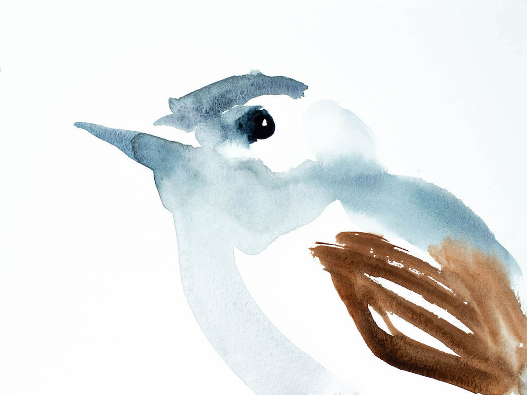 9” x 12” original watercolor blue-gray gnatcatcher bird painting in an  ethereal, expressive, impressionist, minimalist, modern style by contemporary fine artist Elizabeth Becker