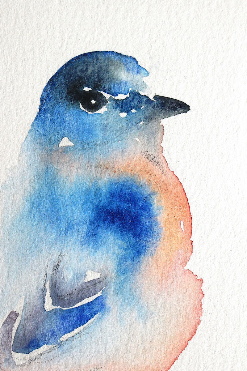 3” x 4.5” original watercolor bluebird wildlife painting in an  ethereal, expressive, impressionist, minimalist, modern style by contemporary fine artist Elizabeth Becker