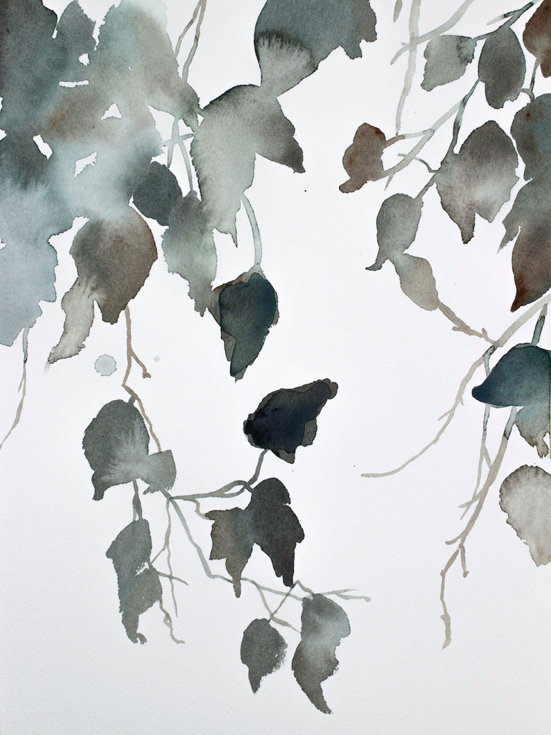 9” x 12” original watercolor botanical nature painting of tree branches and leaves in an expressive, impressionist, minimalist, modern style by contemporary fine artist Elizabeth Becker. Soft monochromatic muted blue green, gray, brown and white colors.