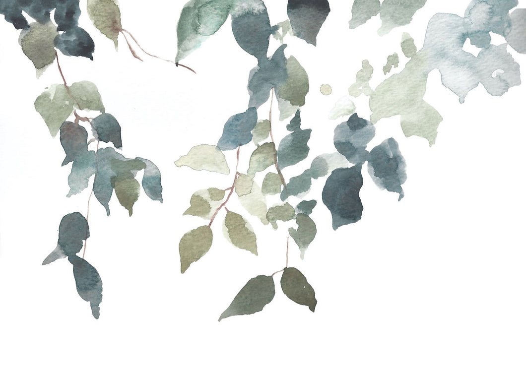 9” x 12” original watercolor botanical nature painting of tree branches and leaves in an expressive, impressionist, minimalist, modern style by contemporary fine artist Elizabeth Becker. Soft monochromatic muted blue green, gold and white colors.