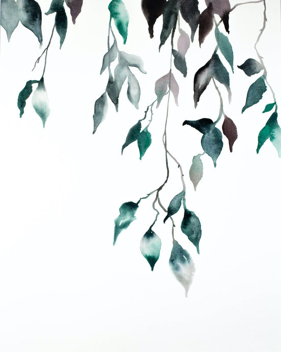 16” x 20” original watercolor botanical nature painting of leaves and branches in an expressive, impressionist, minimalist, modern style by contemporary fine artist Elizabeth Becker. Soft monochromatic blue green and white colors.