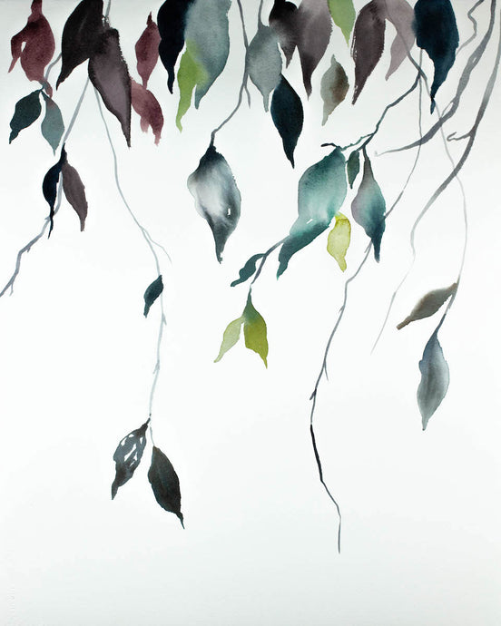 16” x 20” original watercolor botanical nature painting of leaves and branches in an expressive, impressionist, minimalist, modern style by contemporary fine artist Elizabeth Becker. Soft deep moody red, blue green, gold and white colors.