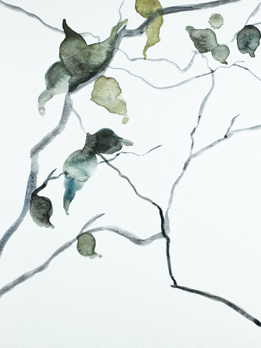 9” x 12” original watercolor botanical nature painting of tree branches and leaves in an expressive, impressionist, minimalist, modern style by contemporary fine artist Elizabeth Becker. Soft monochromatic blue green, gold, gray and white colors.