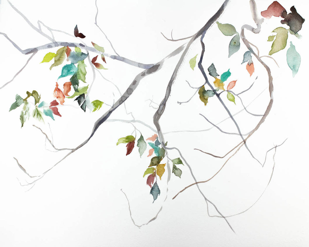 16” x 20” original watercolor botanical nature painting of leaves and branches in an expressive, impressionist, minimalist, modern style by contemporary fine artist Elizabeth Becker. Soft muted blue green, peach, orange, red, gray and white colors.