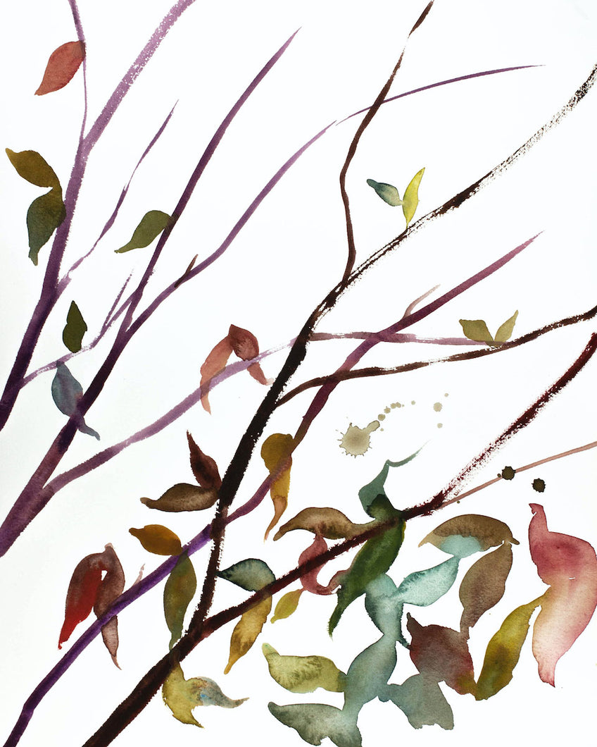 16” x 20” original watercolor botanical nature painting of autumn leaves and branches in an expressive, impressionist, minimalist, modern style by contemporary fine artist Elizabeth Becker. Moody muted purple, black, green, gold and red colors.