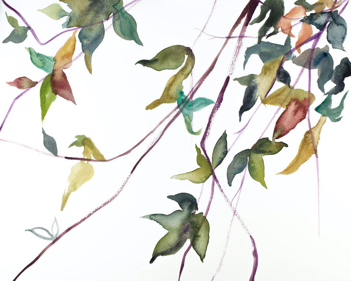 16” x 20” original watercolor botanical nature painting of leaves and branches in an expressive, impressionist, minimalist, modern style by contemporary fine artist Elizabeth Becker