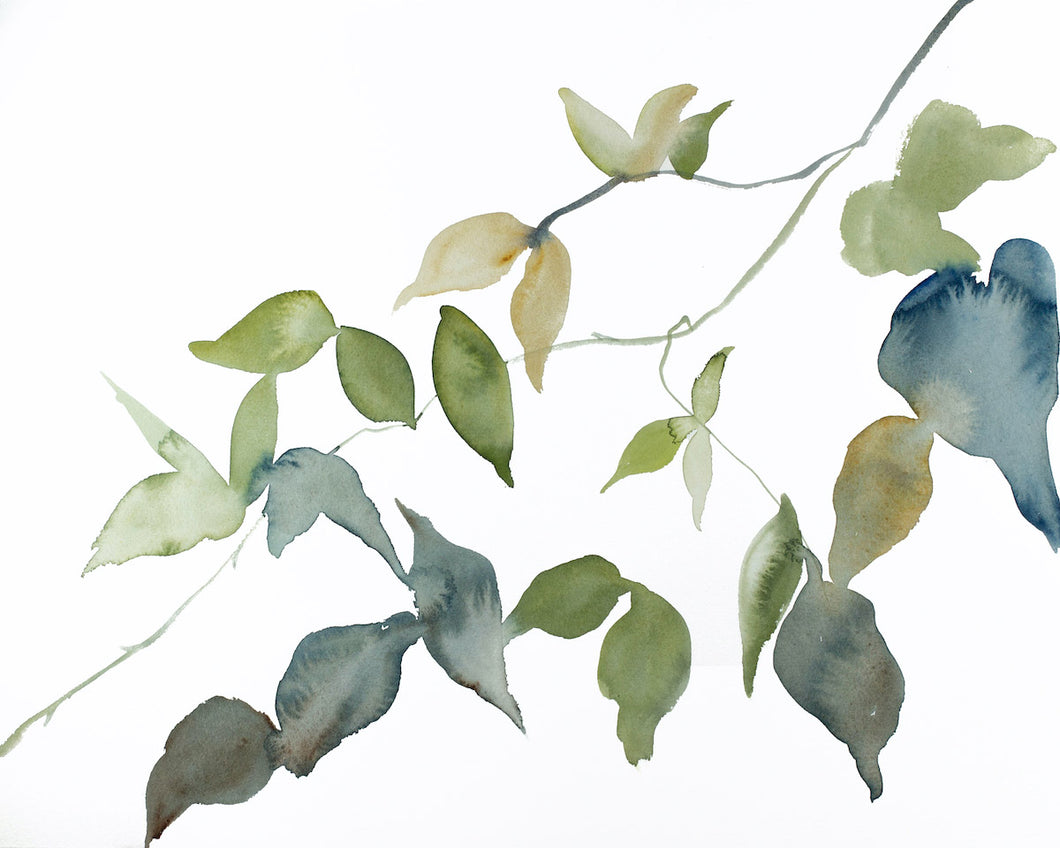 16” x 20” original watercolor botanical nature painting of leaves and branches in an expressive, impressionist, minimalist, modern style by contemporary fine artist Elizabeth Becker. Colors: soft green, blue, gold, white.