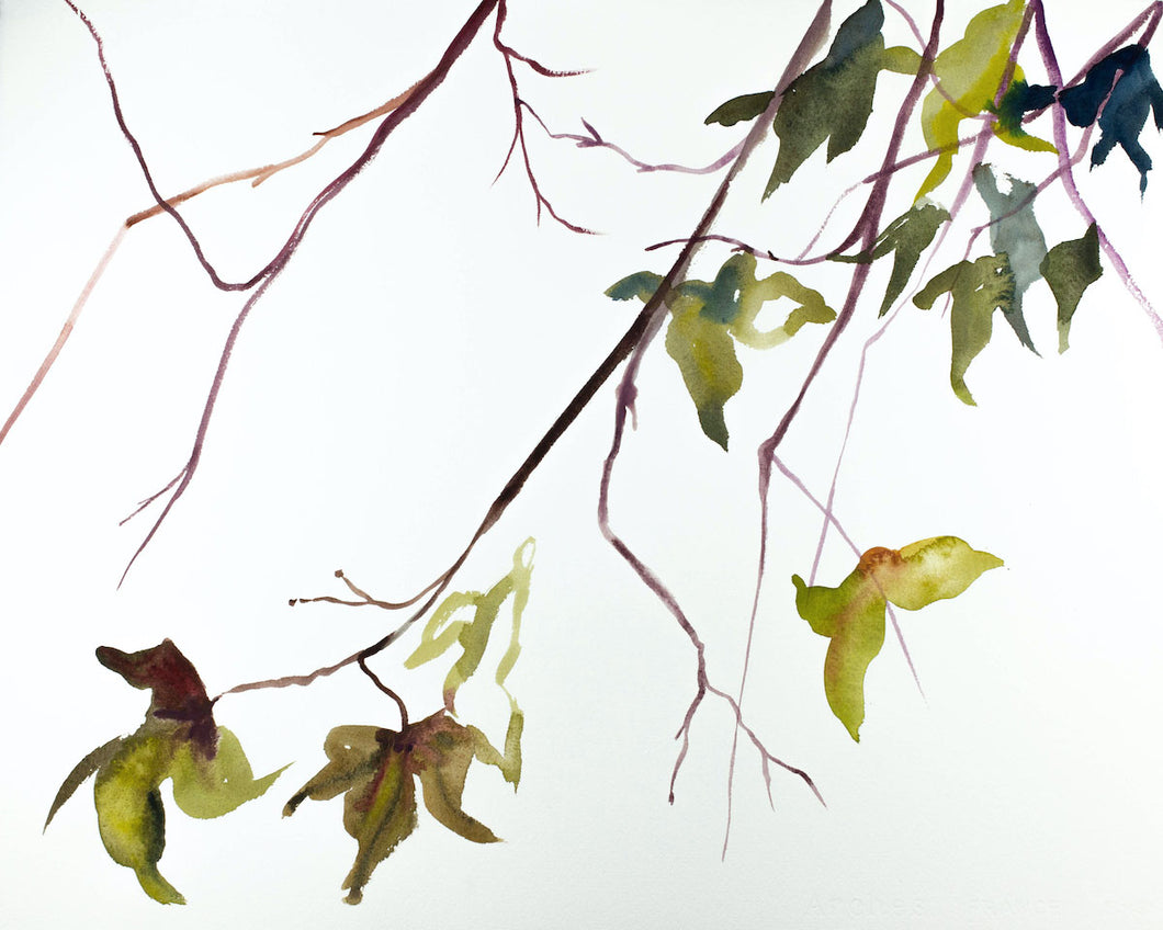 16” x 20” original watercolor botanical nature painting of autumn leaves and branches in an expressive, impressionist, minimalist, modern style by contemporary fine artist Elizabeth Becker. Soft muted moody green gold, purple and white colors.