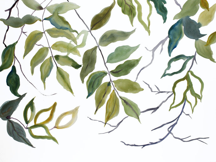 18” x 24” original watercolor botanical nature painting of autumn leaves and branches in an expressive, impressionist, minimalist, modern style by contemporary fine artist Elizabeth Becker. Colors: blue green, gold, white. 