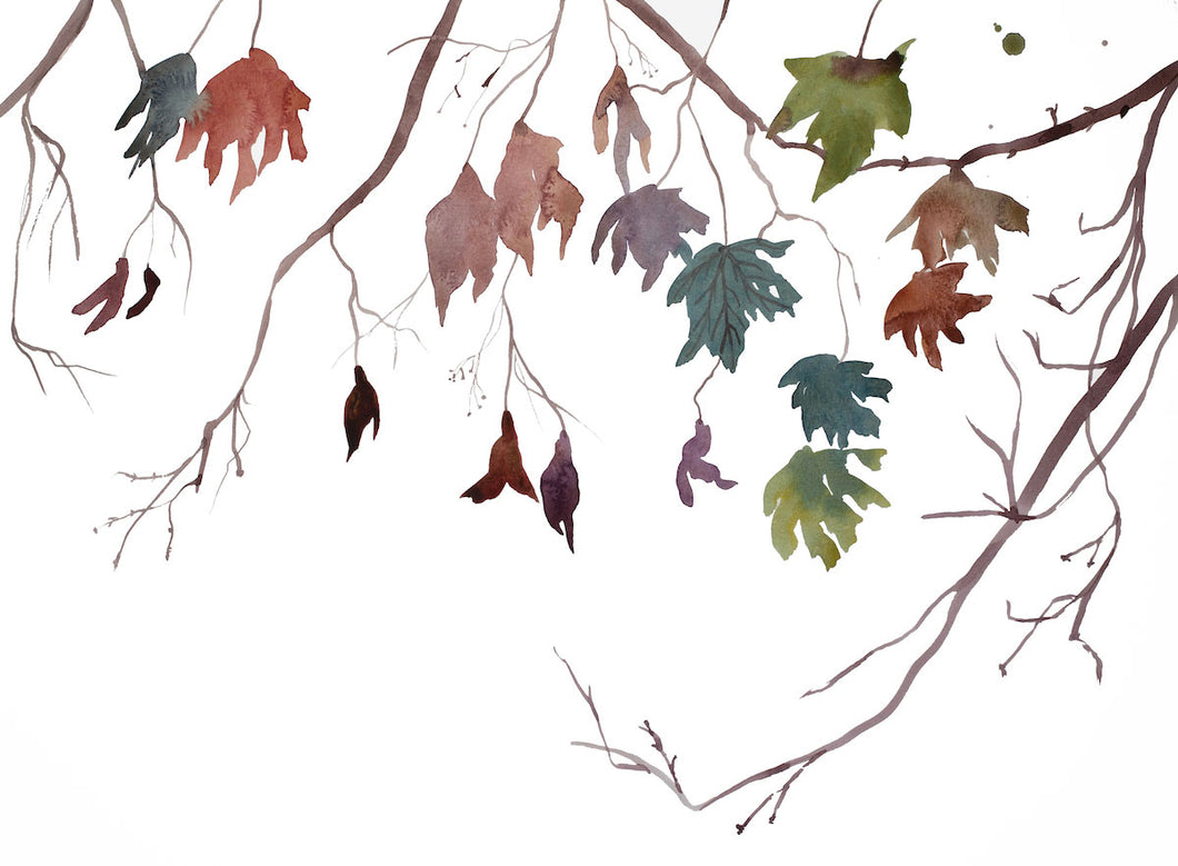 16” x 20” original watercolor botanical nature painting of autumn leaves and branches in an expressive, impressionist, minimalist, modern style by contemporary fine artist Elizabeth Becker. Soft muted blue green, gold, purple, burnt sienna, red, orange and white colors.