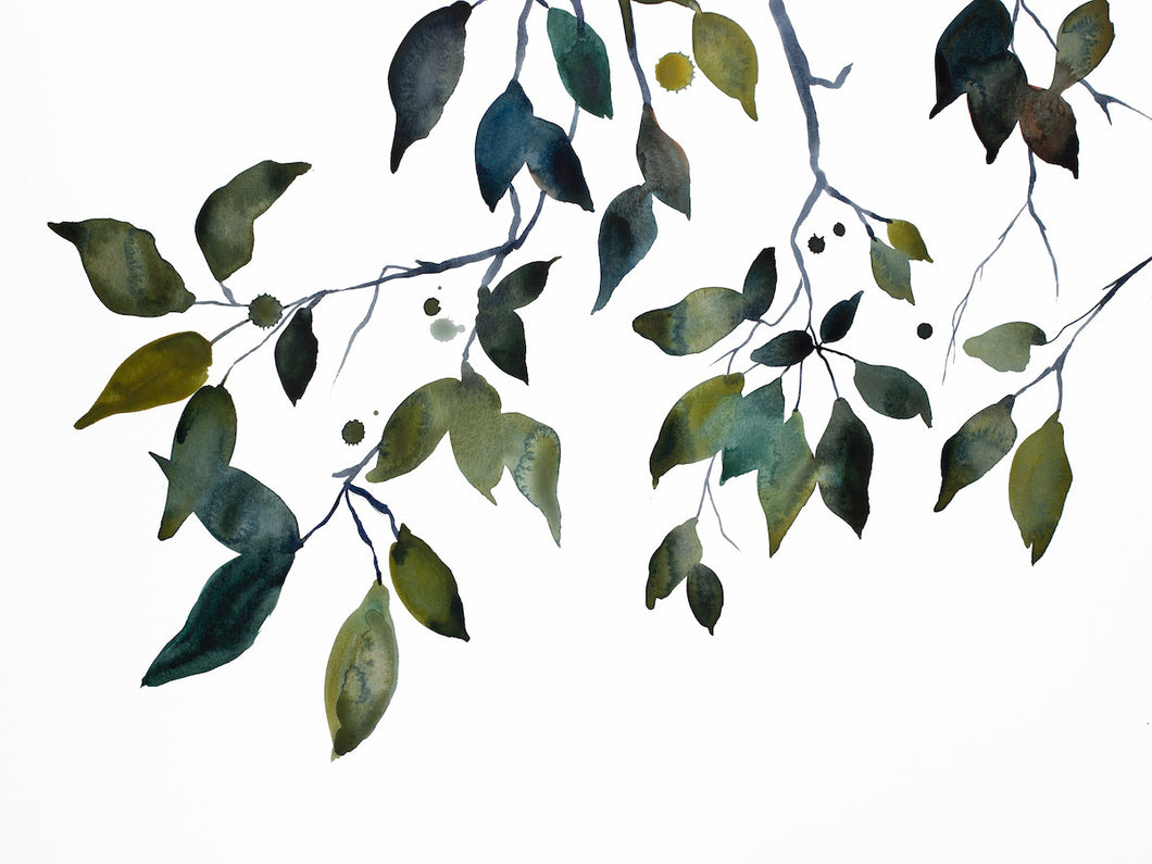 18” x 24” original watercolor botanical nature painting of autumn leaves and branches in an expressive, impressionist, minimalist, modern style by contemporary fine artist Elizabeth Becker. Monochromatic blue green, gold, black, white colors.