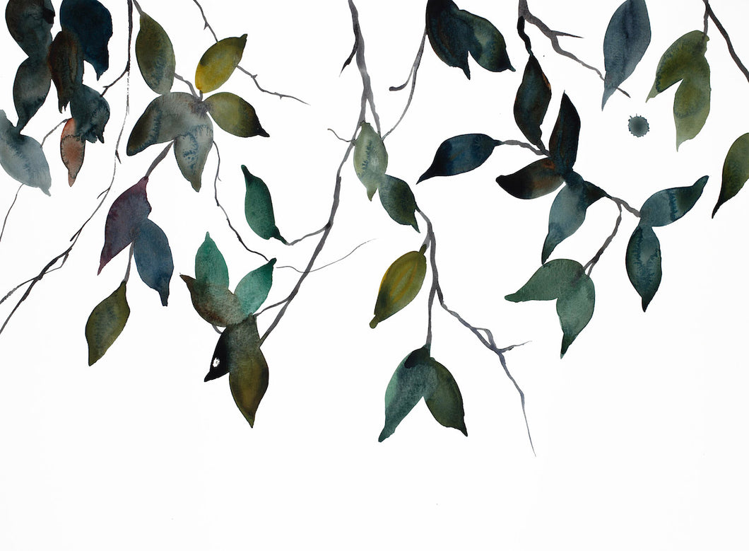 18” x 24” original watercolor botanical nature painting of autumn leaves and branches in an expressive, impressionist, minimalist, modern style by contemporary fine artist Elizabeth Becker. Monochromatic deep blue green, gold, black, white colors.