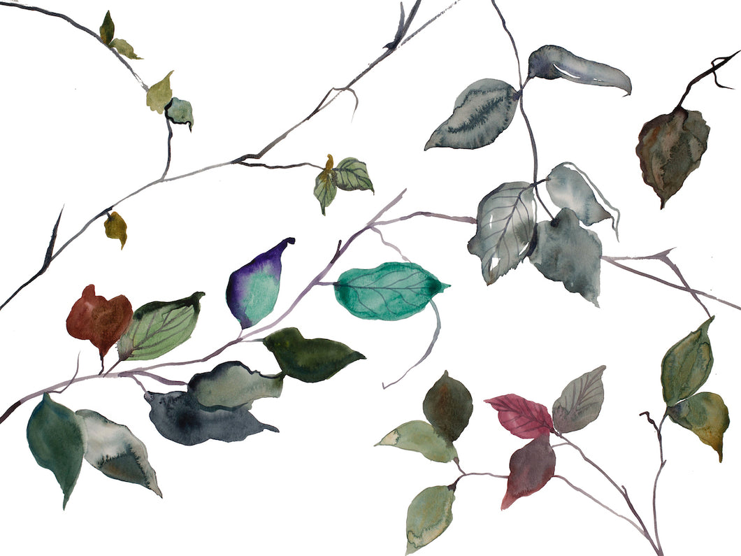 18” x 24” original watercolor botanical nature painting of autumn leaves and branches in an expressive, impressionist, minimalist, modern style by contemporary fine artist Elizabeth Becker