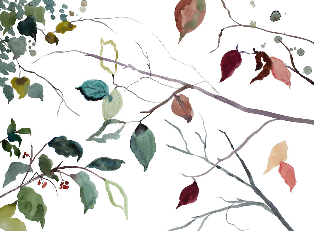 18” x 24” original watercolor botanical nature painting of autumn leaves and branches in an expressive, impressionist, minimalist, modern style by contemporary fine artist Elizabeth Becker