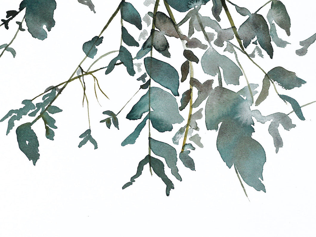 9” x 12” original watercolor botanical nature painting of tree branches and leaves in an expressive, impressionist, minimalist, modern style by contemporary fine artist Elizabeth Becker. Soft monochromatic blue green and white colors.