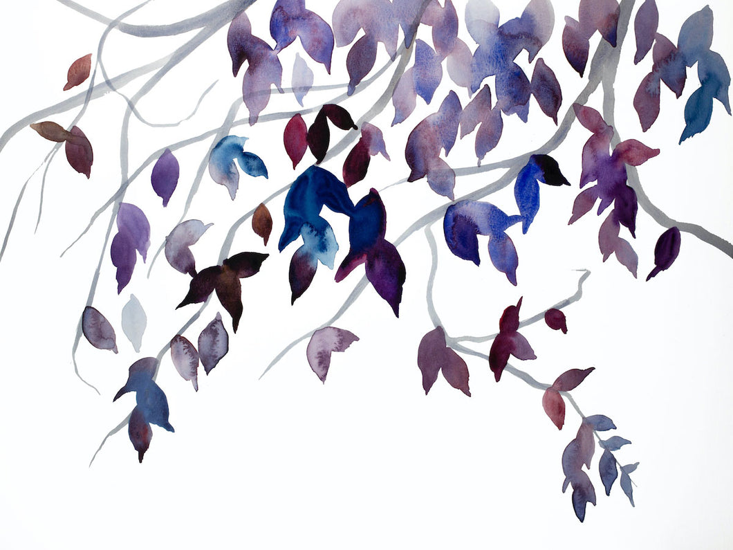 18” x 24” original watercolor botanical nature painting of monochromatic blue, purple and red leaves and branches in an expressive, impressionist, minimalist, modern style by contemporary fine artist Elizabeth Becker