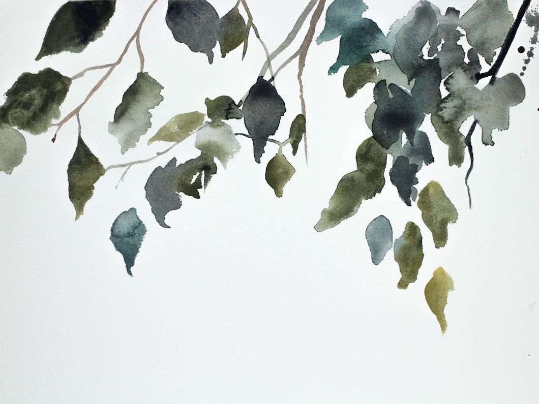 9” x 12” original watercolor botanical nature painting of tree branches and leaves in an expressive, impressionist, minimalist, modern style by contemporary fine artist Elizabeth Becker. Soft monochromatic blue, gray, green, gold and white colors.