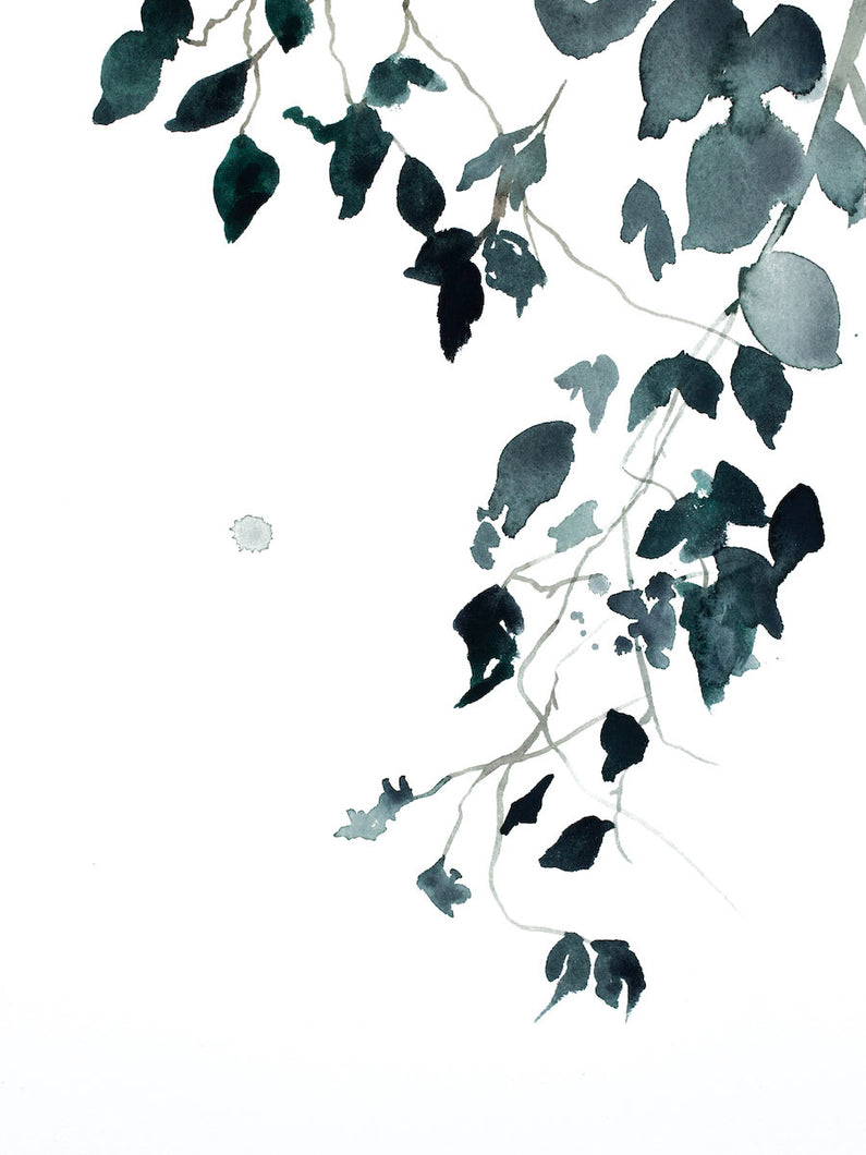 9” x 12” original watercolor botanical nature painting of tree branches and leaves in an expressive, impressionist, minimalist, modern style by contemporary fine artist Elizabeth Becker. Soft monochromatic blue green and white colors.