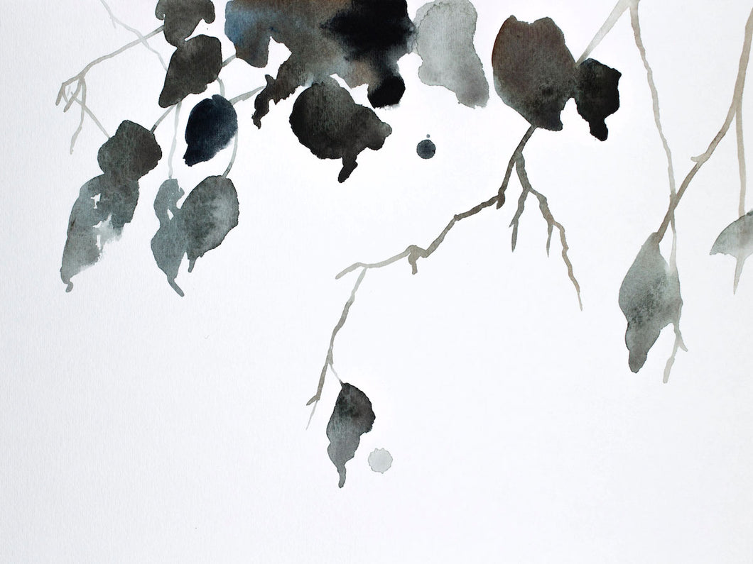 9” x 12” original watercolor botanical nature painting of tree branches and leaves in an expressive, impressionist, minimalist, modern style by contemporary fine artist Elizabeth Becker. Soft monochromatic muted blue green, gray and white colors.