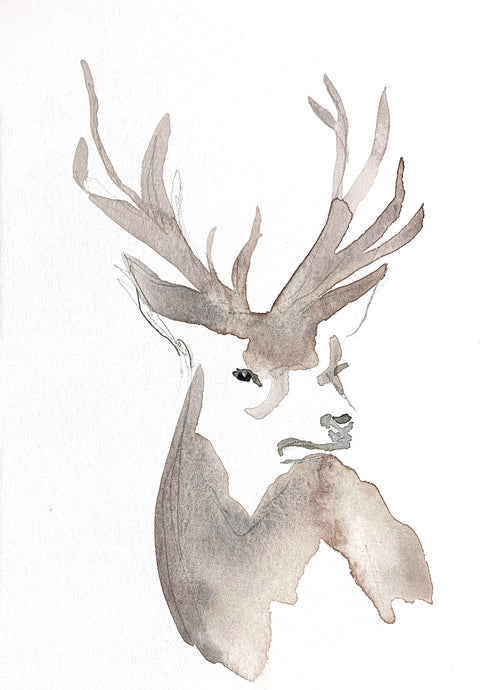 5” x 7” original watercolor buck deer painting in an ethereal, expressive, impressionist, minimalist, modern style by contemporary fine artist Elizabeth Becker
