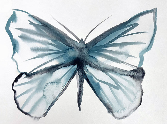 9” x 12” original watercolor butterfly painting in an expressive, impressionist, minimalist, modern style by contemporary fine artist Elizabeth Becker. 