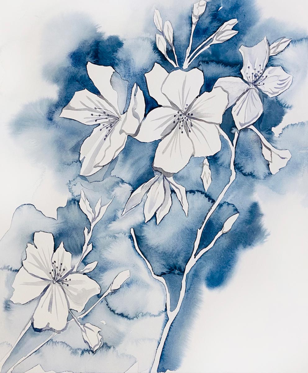 16” x 20” original watercolor botanical cherry blossom floral painting in an expressive, impressionist, minimalist, modern style by contemporary fine artist Elizabeth Becker 
