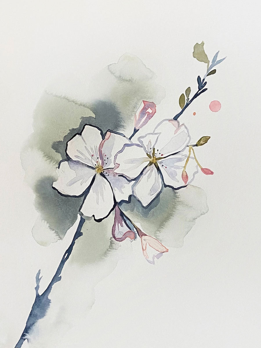 9” x 12” original watercolor botanical cherry blossom floral painting in an expressive, impressionist, minimalist, modern style by contemporary fine artist Elizabeth Becker 
