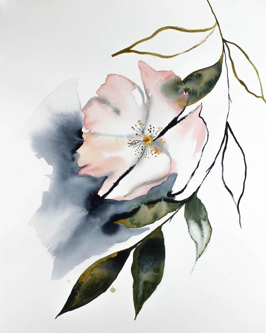 16” x 20” original watercolor botanical cherry blossom floral painting in an expressive, impressionist, minimalist, modern style by contemporary fine artist Elizabeth Becker. 