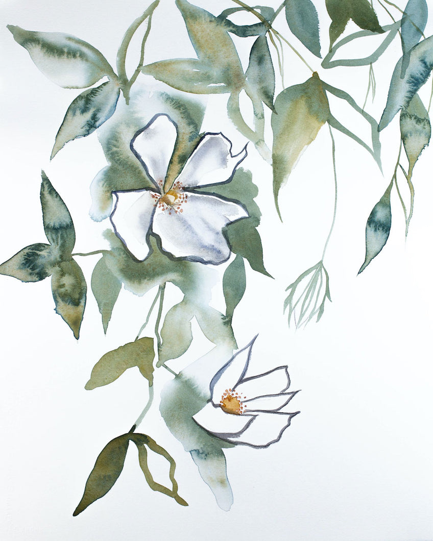 16” x 20” original watercolor botanical cherry blossom floral painting in an expressive, impressionist, minimalist, modern style by contemporary fine artist Elizabeth Becker. 