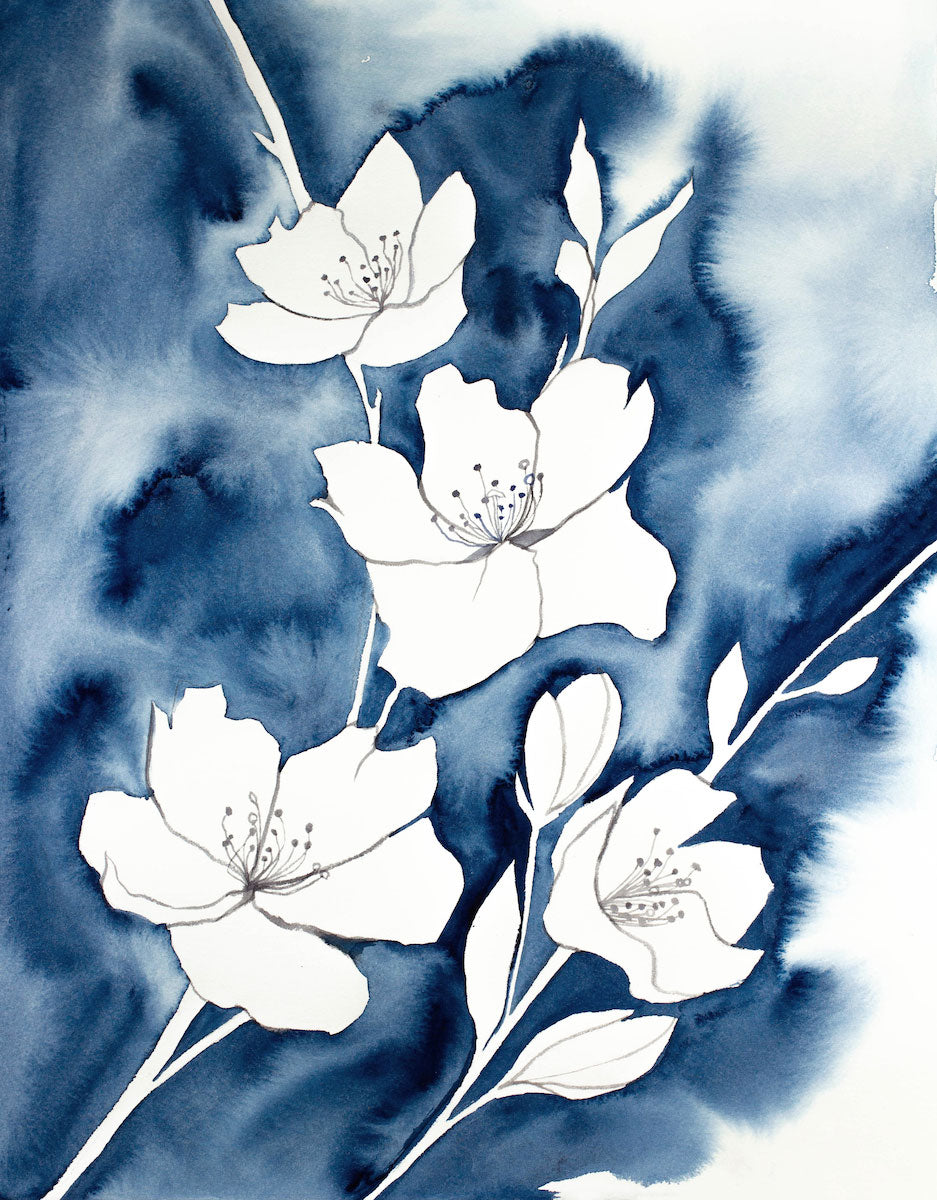 16” x 20” original watercolor botanical cherry blossom floral painting in an expressive, impressionist, minimalist, modern style by contemporary fine artist Elizabeth Becker. Monochromatic blue and white colors.