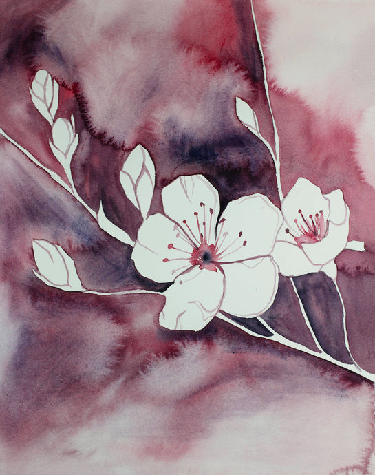 16” x 20” original watercolor botanical cherry blossom floral painting in an expressive, impressionist, minimalist, modern style by contemporary fine artist Elizabeth Becker. Soft and deep monochromatic vibrant pink, red, black and white colors.