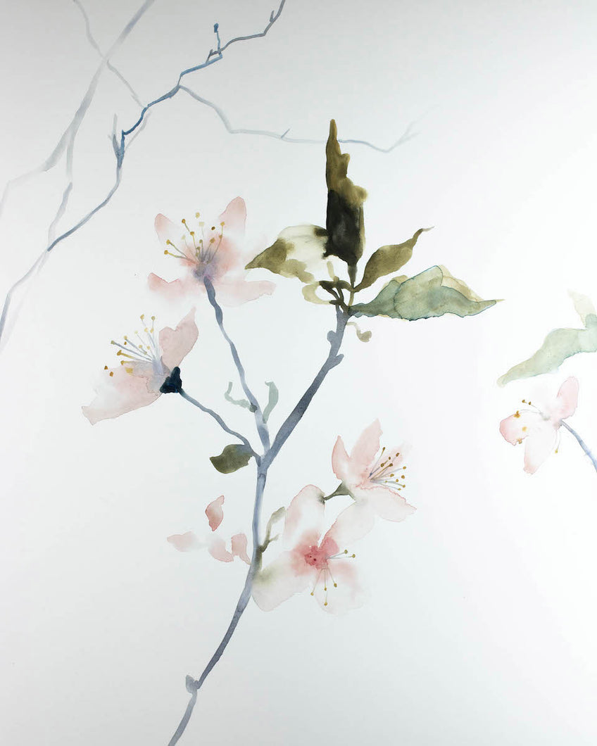 16” x 20” original watercolor botanical floral painting in an expressive, impressionist, minimalist, modern style by contemporary fine artist Elizabeth Becker. Soft pink, peach, green, gray, white colors.