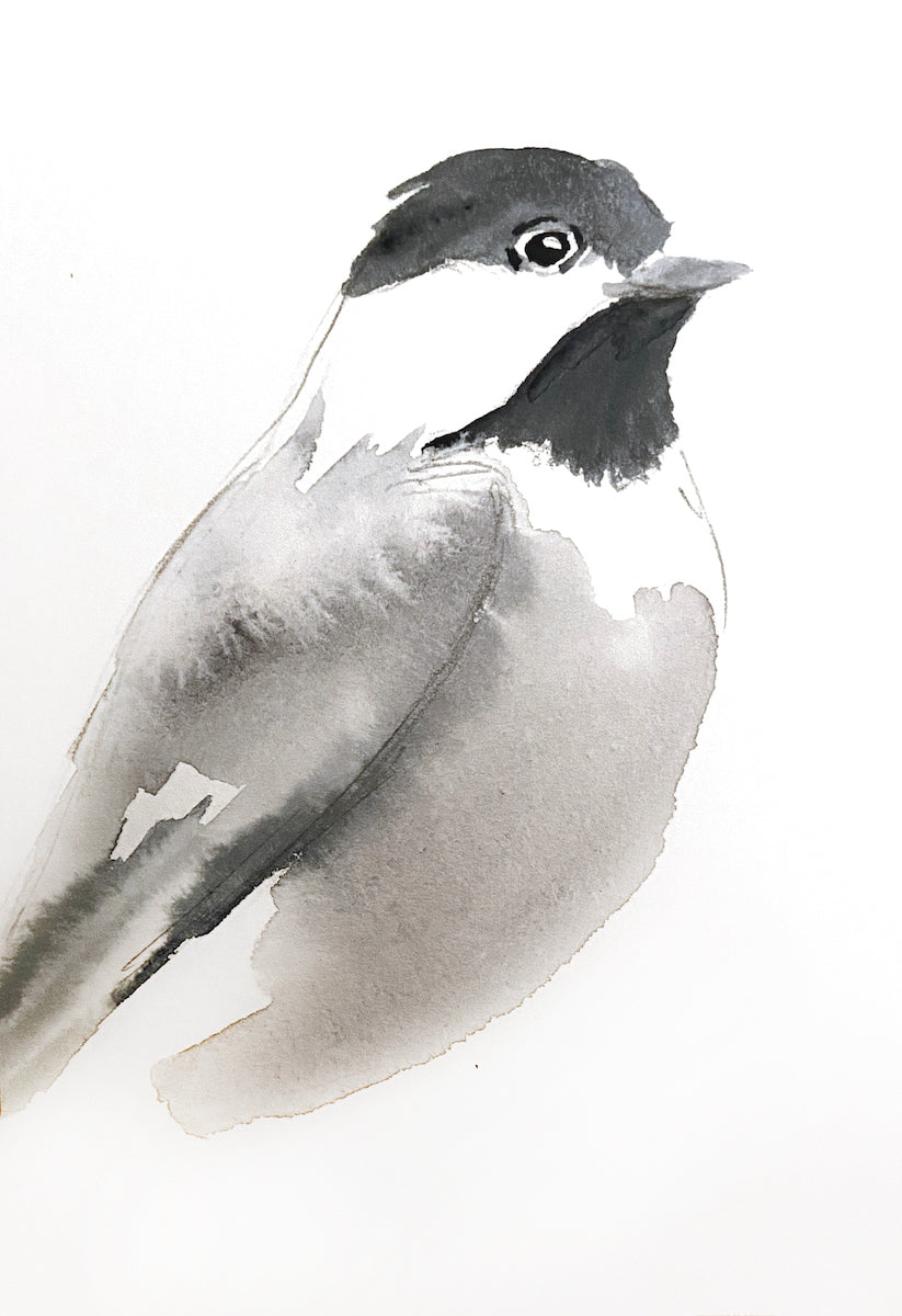 5” x 7” original watercolor wildlife nature chickadee painting in an ethereal, expressive, impressionist, minimalist, modern style by contemporary fine artist Elizabeth Becker