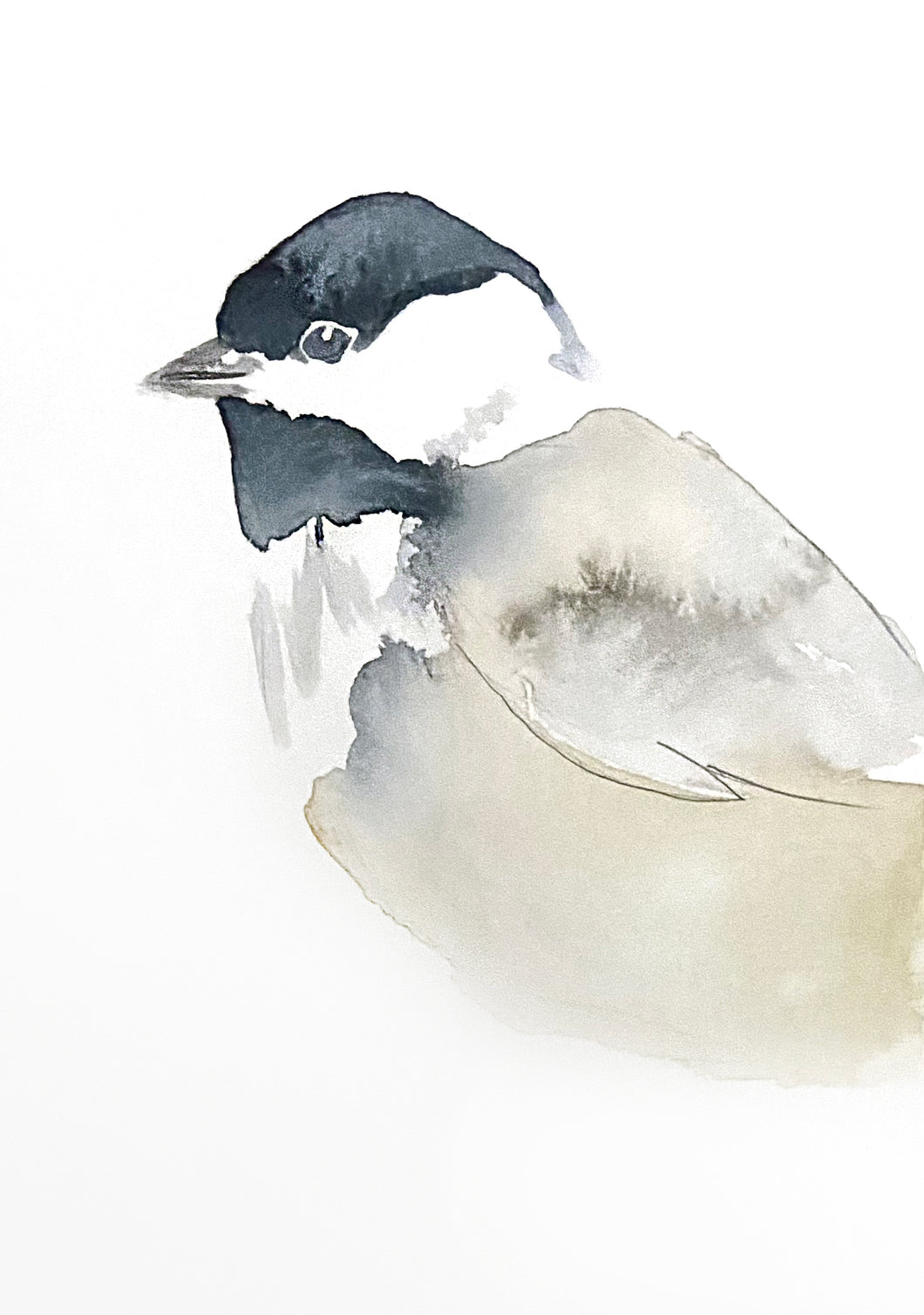5” x 7” original watercolor wildlife nature chickadee painting in an ethereal, expressive, impressionist, minimalist, modern style by contemporary fine artist Elizabeth Becker