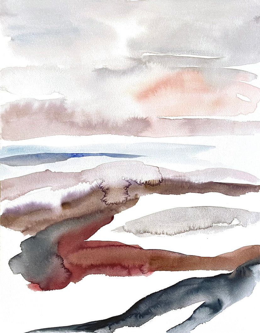 16” x 20” original watercolor abstract landscape painting in an expressive, impressionist, minimalist, modern style by contemporary fine artist Elizabeth Becker