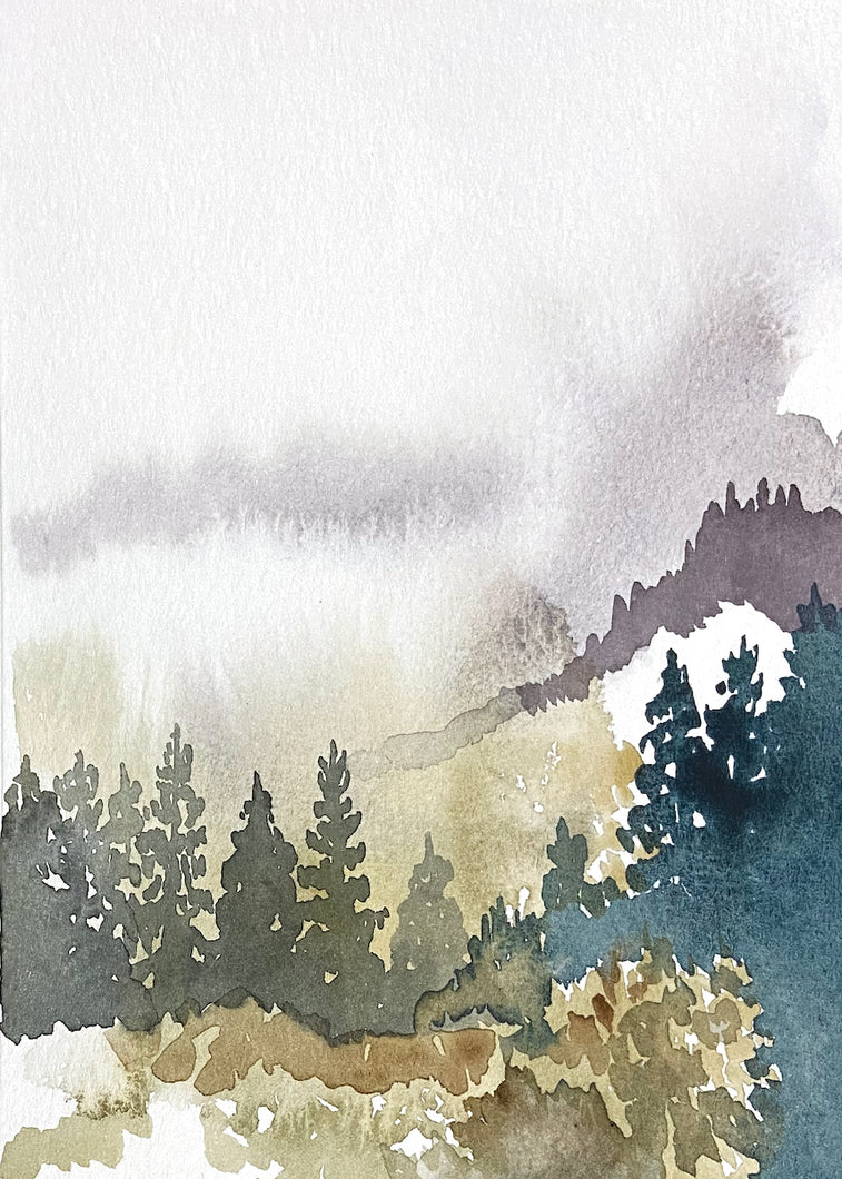 5” x 7” original watercolor abstract landscape painting in an ethereal, expressive, impressionist, minimalist, modern style by contemporary fine artist Elizabeth Becker