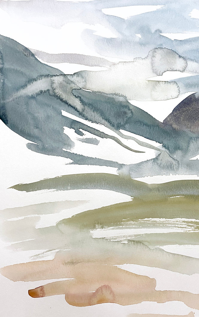 16” x 20” original watercolor abstract landscape painting in an expressive, impressionist, minimalist, modern style by contemporary fine artist Elizabeth Becker