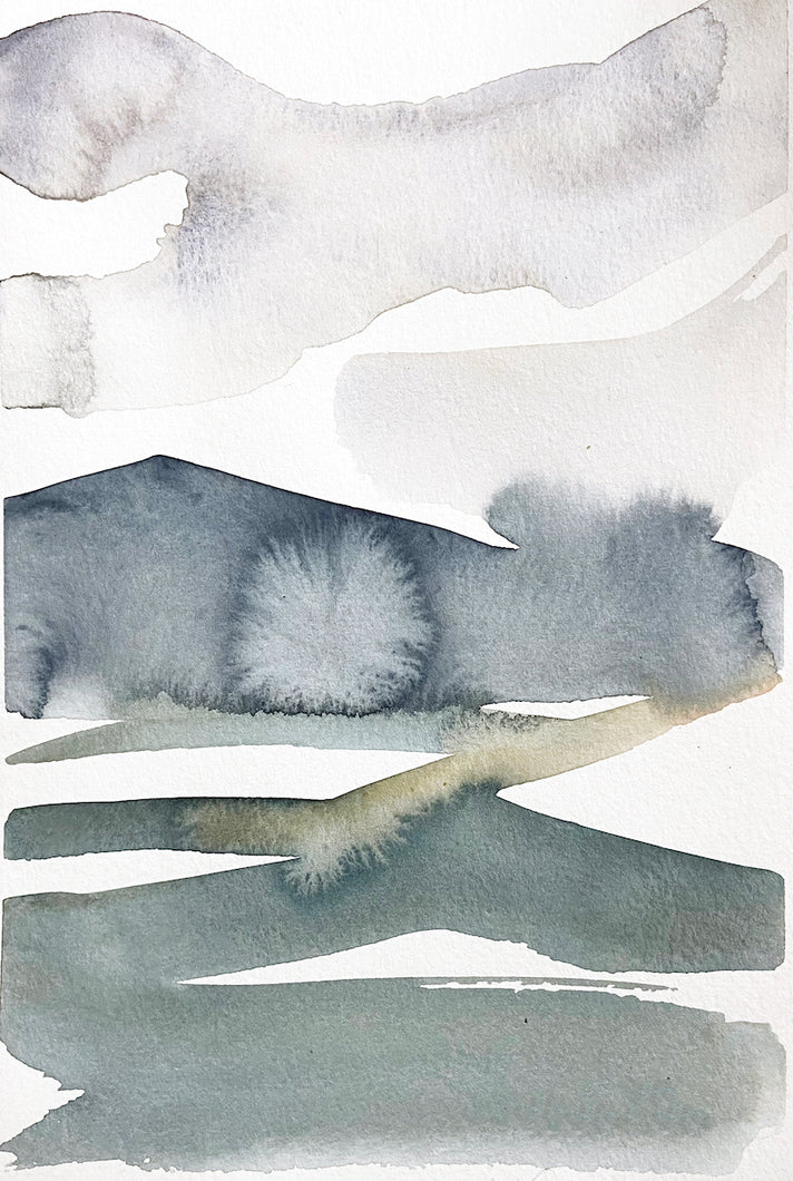 6” x 9” original watercolor abstract landscape painting in an ethereal, expressive, impressionist, minimalist, modern style by contemporary fine artist Elizabeth Becker