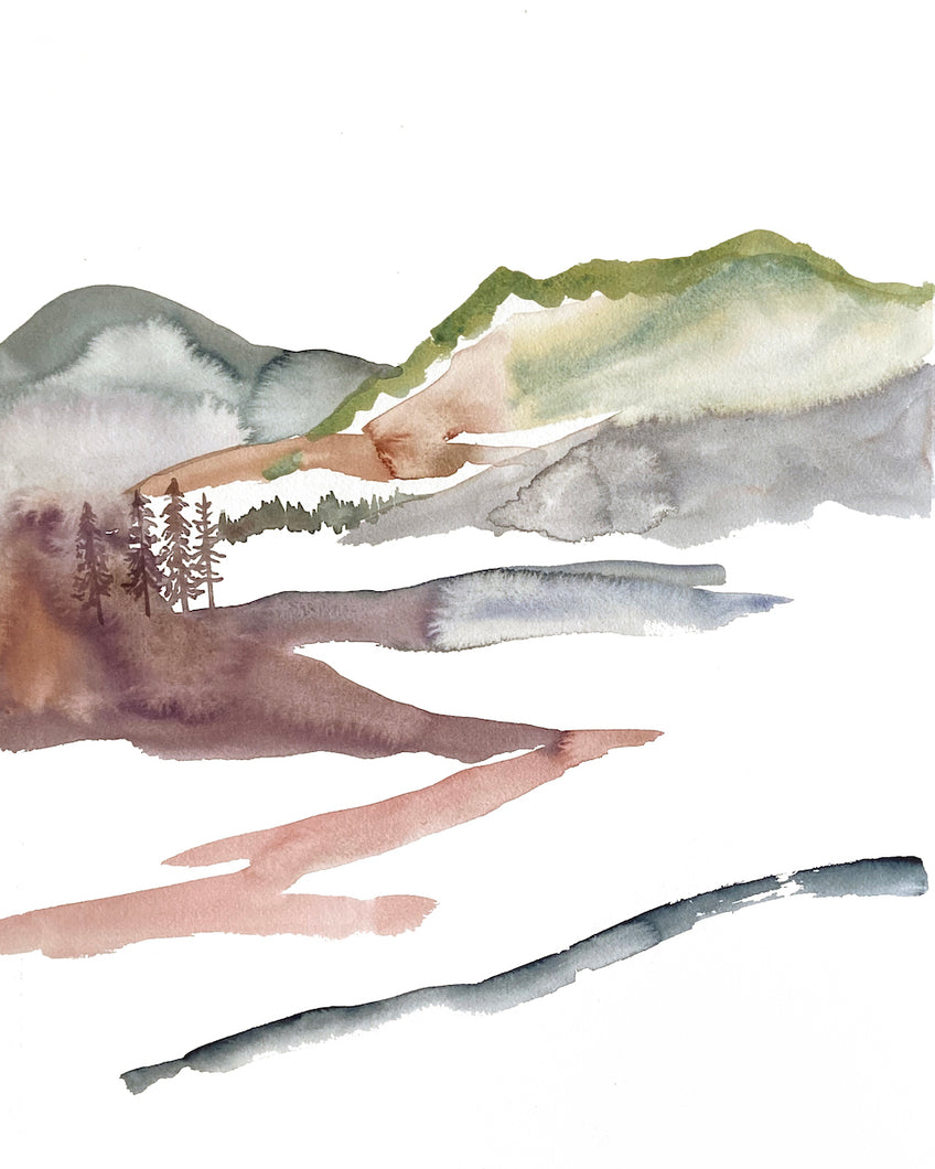16” x 20” original watercolor abstract landscape painting in an expressive, impressionist, minimalist, modern style by contemporary fine artist Elizabeth Becker
