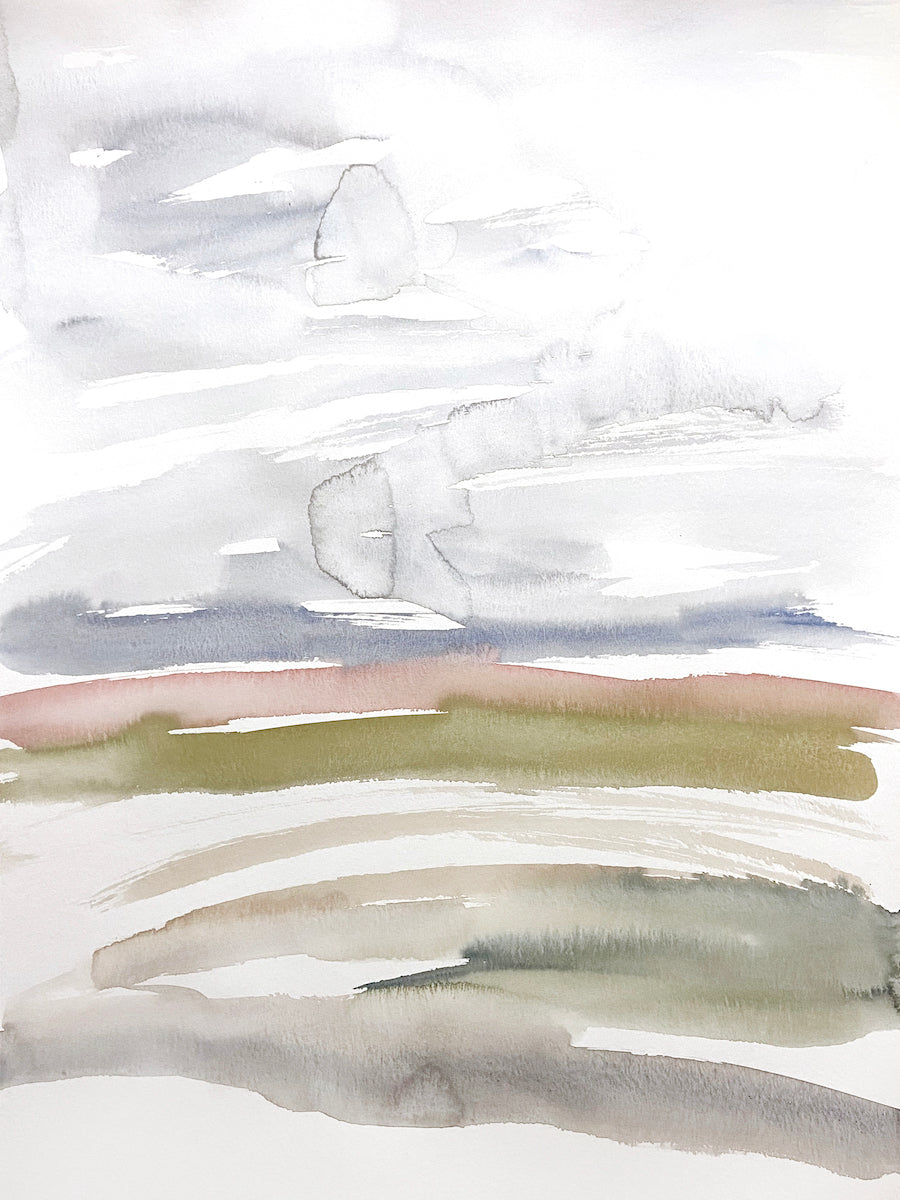 18” x 24” original watercolor abstract landscape painting in an ethereal, expressive, impressionist, minimalist, modern style by contemporary fine artist Elizabeth Becker