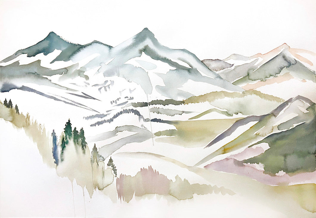25 3/4” x 36” original watercolor abstract landscape painting of Colorado mountains in an ethereal, expressive, impressionist, minimalist, modern style by contemporary fine artist Elizabeth Becker. Soft watery blue, olive green and white colors.