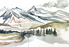 Load image into Gallery viewer, Original watercolor abstract landscape painting of Colorado mountains in an ethereal, expressive, impressionist, minimalist, modern style by contemporary fine artist Elizabeth Becker
